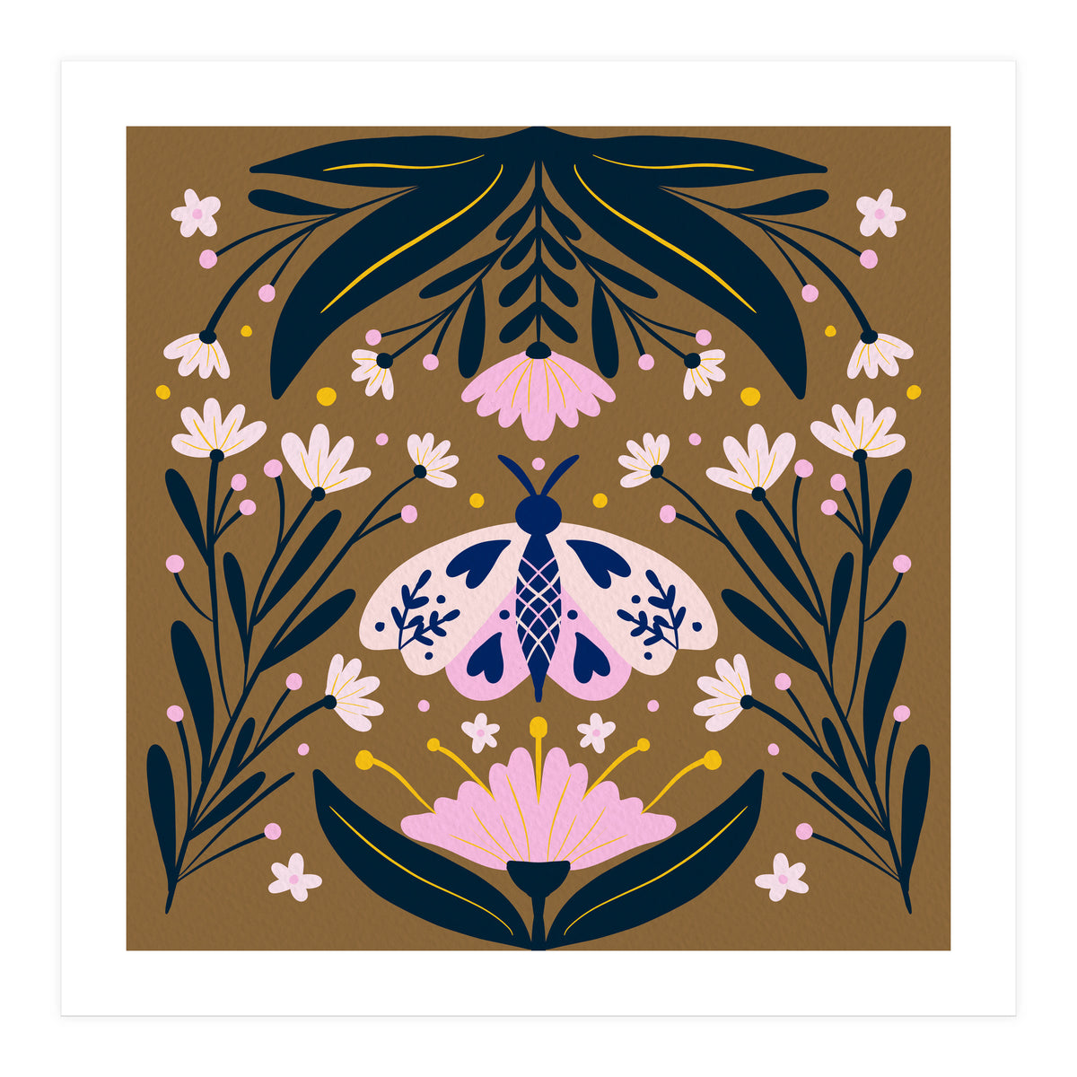 Pink Moth with Flowers on a brown background (Print Only)
