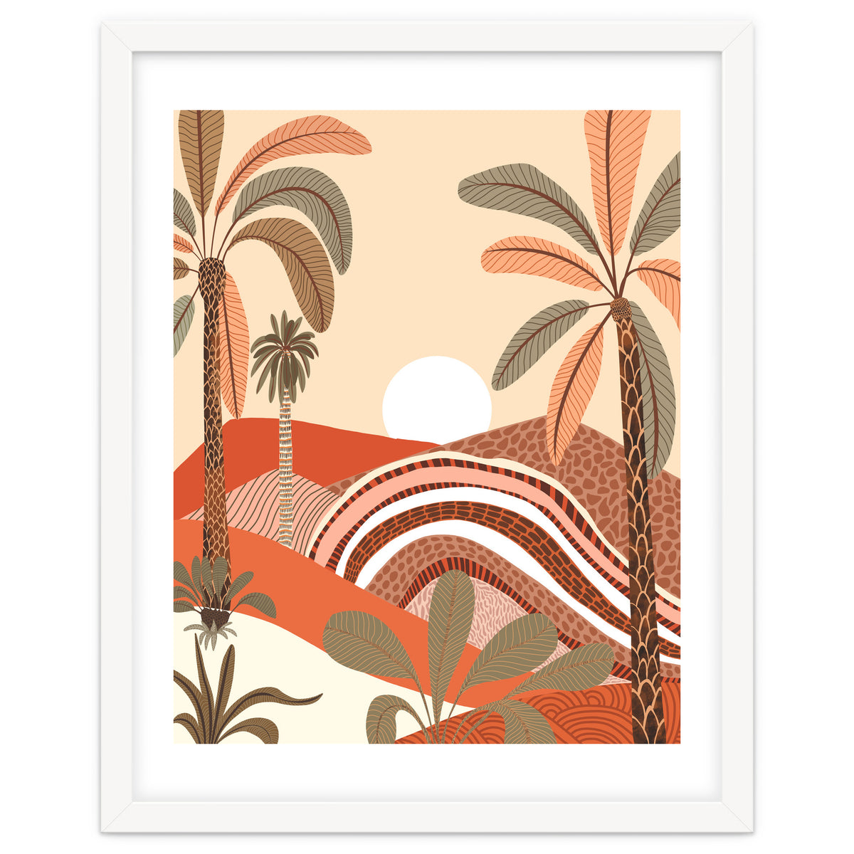 Epiphany, Pastel Rustic Sunrise Sunset, Bohemian Nature Landscape Illustration, Mountains Adventure Palm Trees