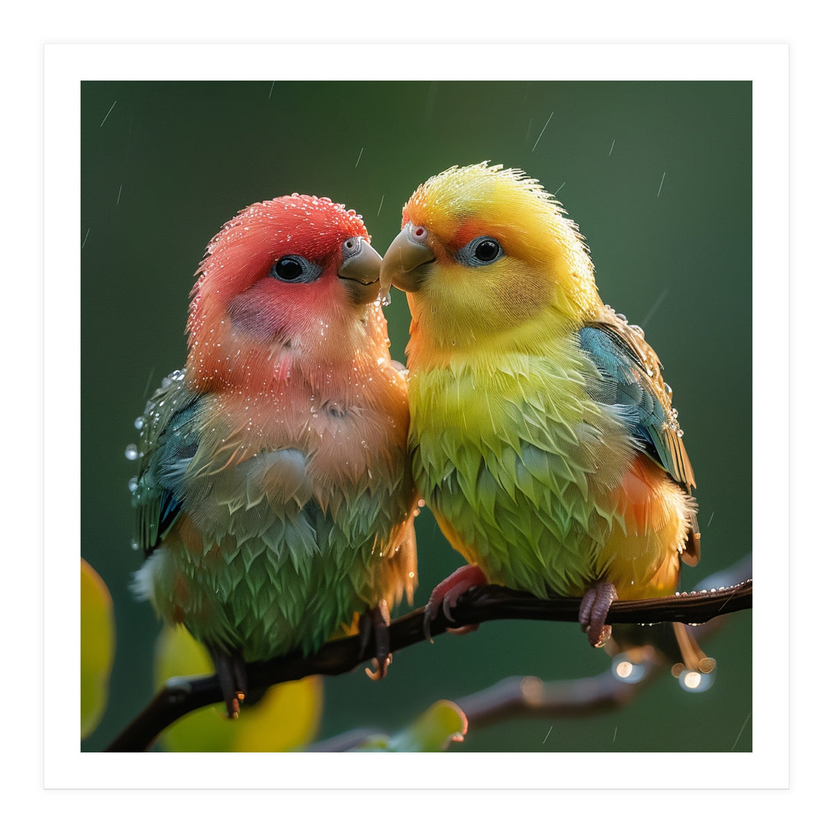 Two Lovebirds Perched On A Branch In Rain (Print Only)