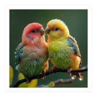 Two Lovebirds Perched On A Branch In Rain (Print Only)