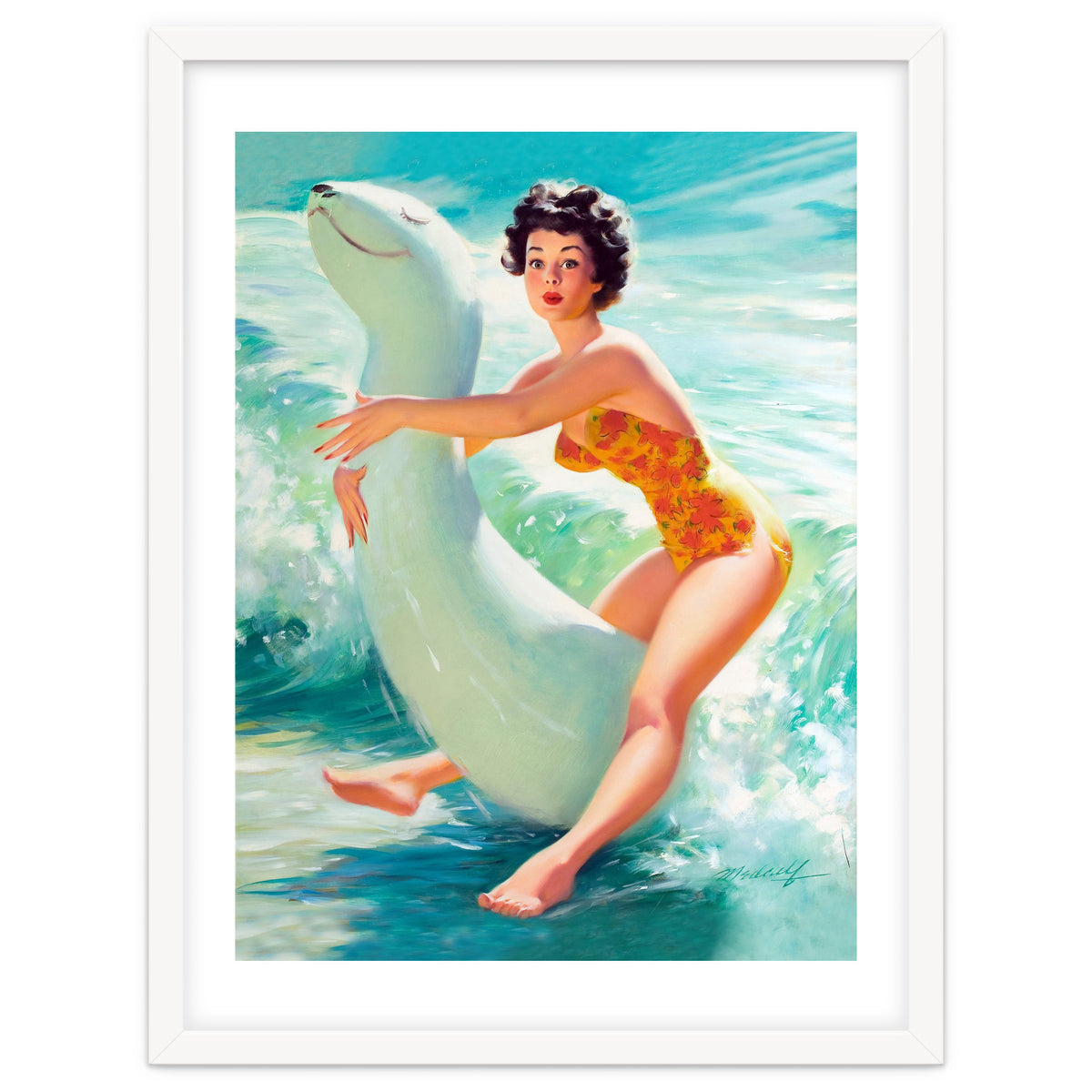 Happy Pinup Girl On The Beach Hugging Her Rubber Toy