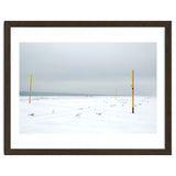 Seagulls in between the volleyball poles in winter snow beach thumbnail