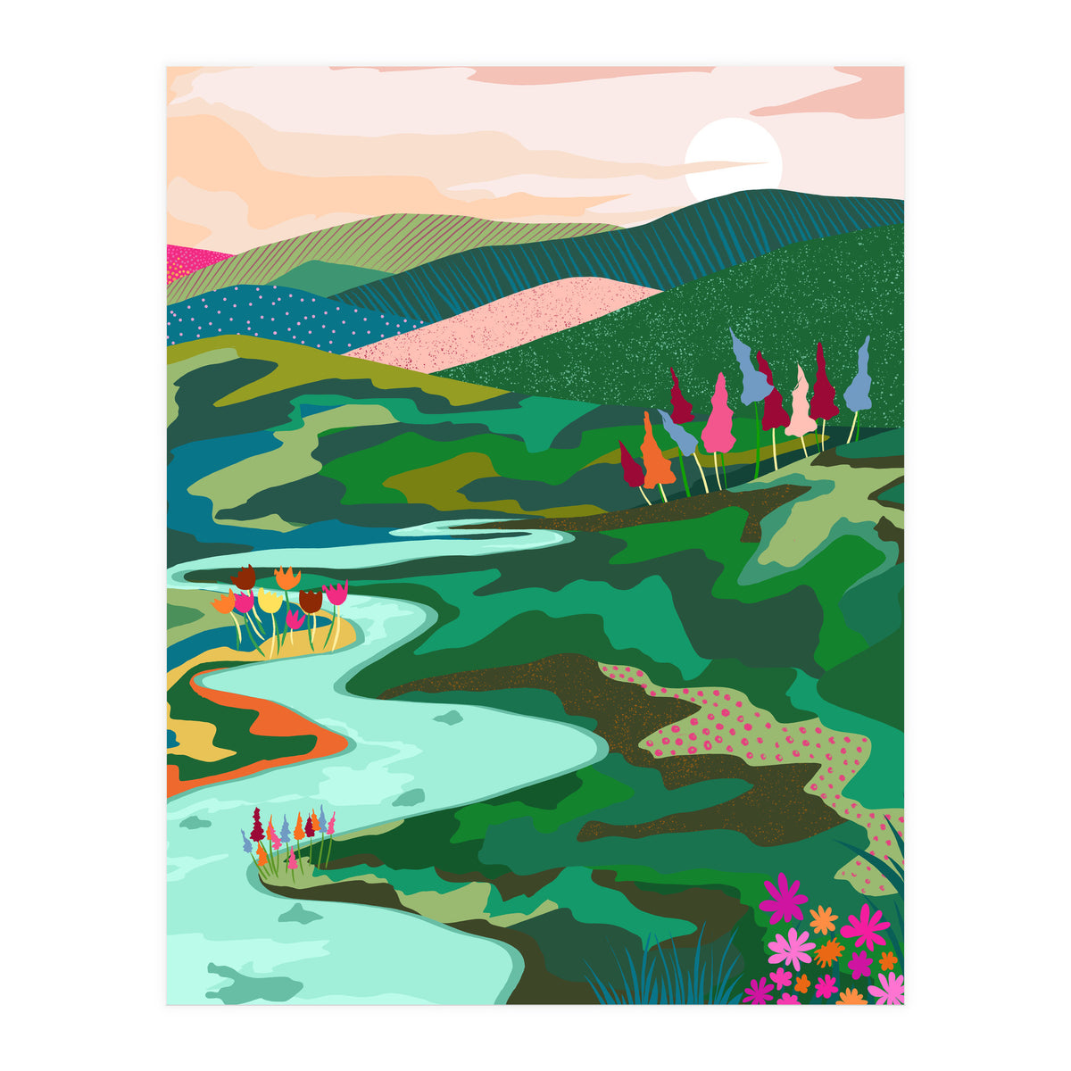 Endless Love, Bohemian Nature Landscape Scenic Meadow, Eclectic Colorful Travel Forest Mountains Sunset (Print Only)