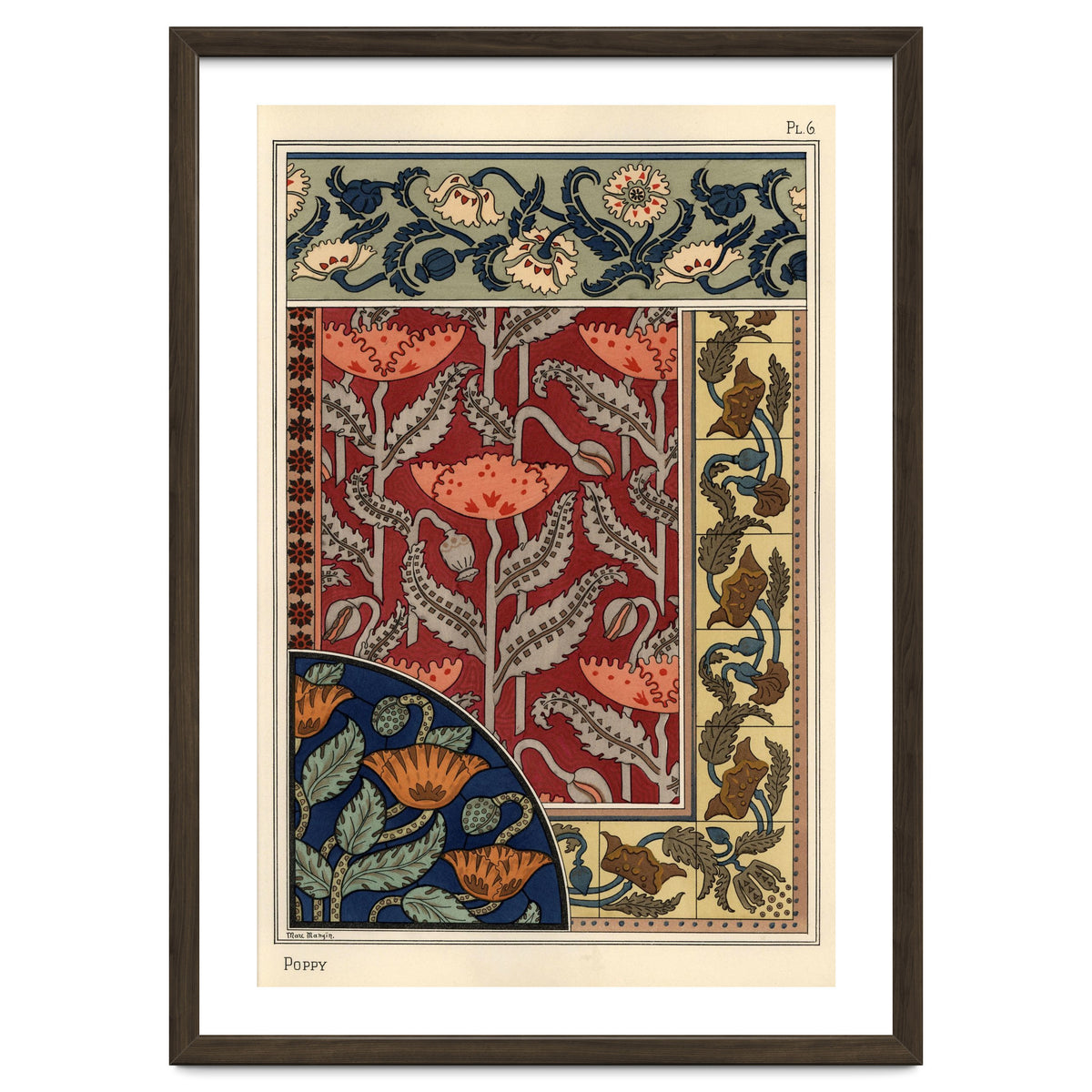 The poppy, Papaver somniferum, in stained glass, wallpaper, fabric and tile patterns. Lithograph ...