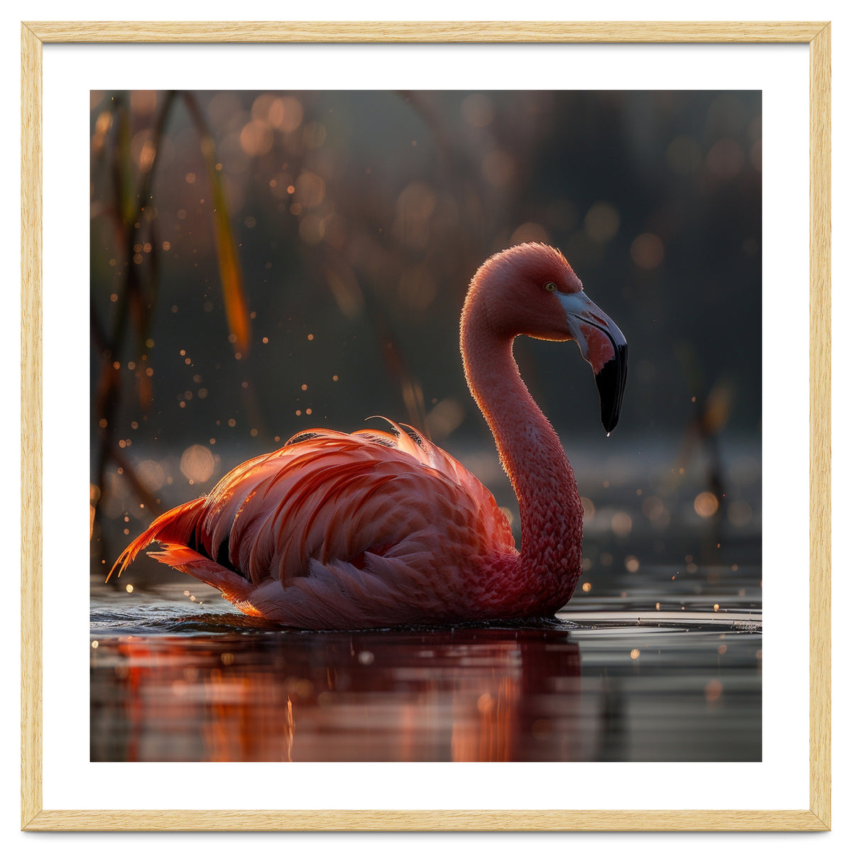 Pink Flamingo Swimming In Sunlight Water