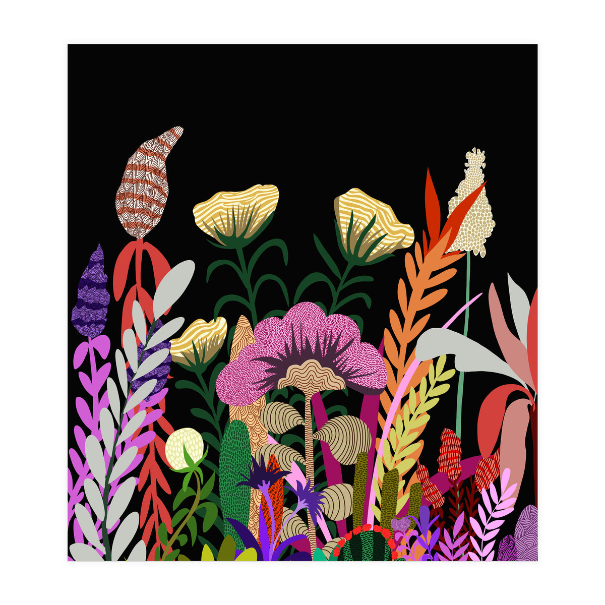 Dark Garden, Eclectic Bold Floral Botanical Nature, Colorful Mystery Bohemian Flowers Plants (Print Only)