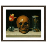 Vanitas, allegory of fleeting time with skull and hour-glass. Oil on canvas. thumbnail