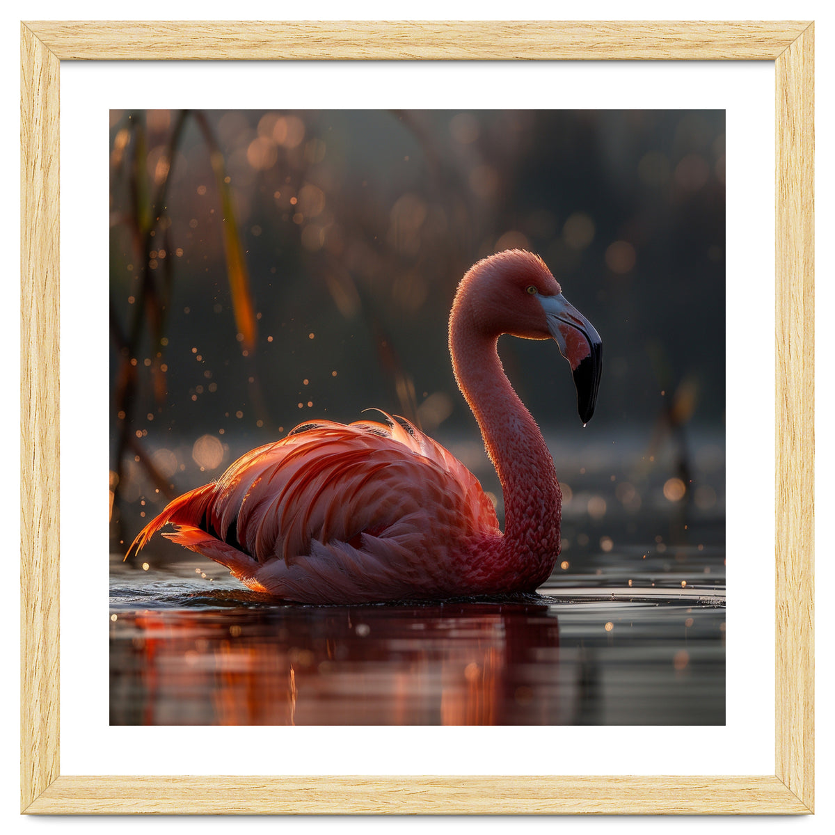 Pink Flamingo Swimming In Sunlight Water