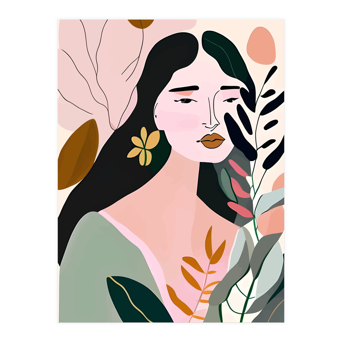 Reinvent, Beautiful Woman Girl Pastel Line Art, Minimal Botanical Nature Portrait, Modern Bohemian Drawing Nomadic Summer Self Love (Print Only)