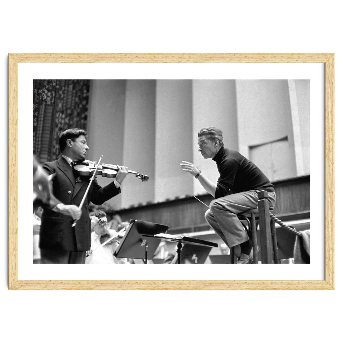 Conductor Herbert von Karajan rehearsing with Nathan Milstein in Lucerne, Switzerland. Lucerne,1957.