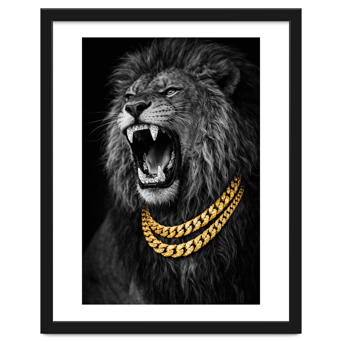 Bejweled hyper-realistic lion photography,diamond fangs portrait