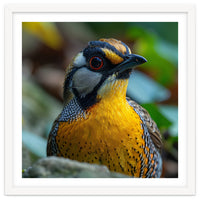 Close-up of a Yellow Bird featuring a Striking Red eye