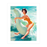 Happy Pinup Girl On The Beach Hugging Her Rubber Toy (Print Only) thumbnail