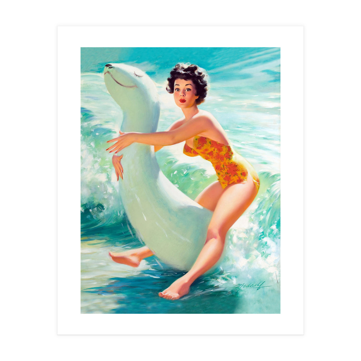 Happy Pinup Girl On The Beach Hugging Her Rubber Toy (Print Only)