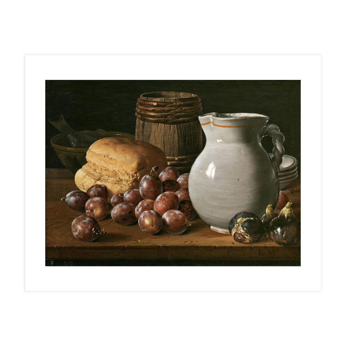 Luis Egidio Meléndez / 'Still Life with Plums, Figs, Bread and Fish', 18th century, Spanish School. (Print Only)