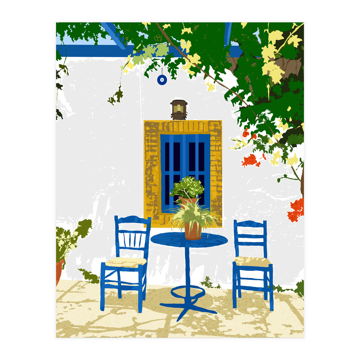 Greek Vacay For Two, Evil Eye Santorini Travel Summer, Eclectic Travel Architecture White Buildings Cafe (Print Only)