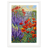 Vibrant Summer Poppy and Lavender Garden Oil Painting