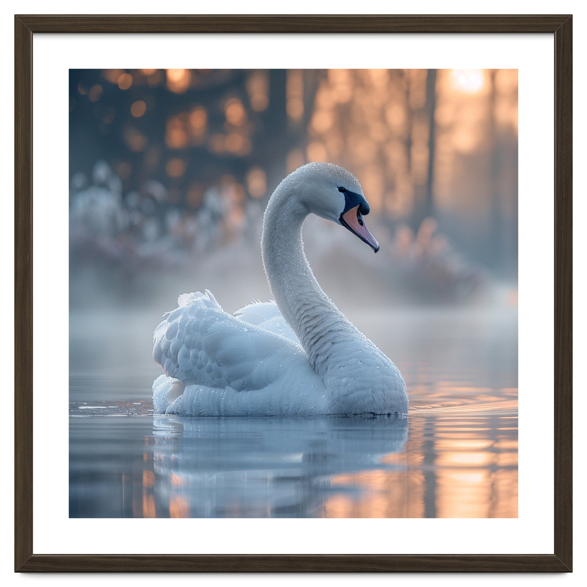 Serene White Swan Gliding On Misty Water