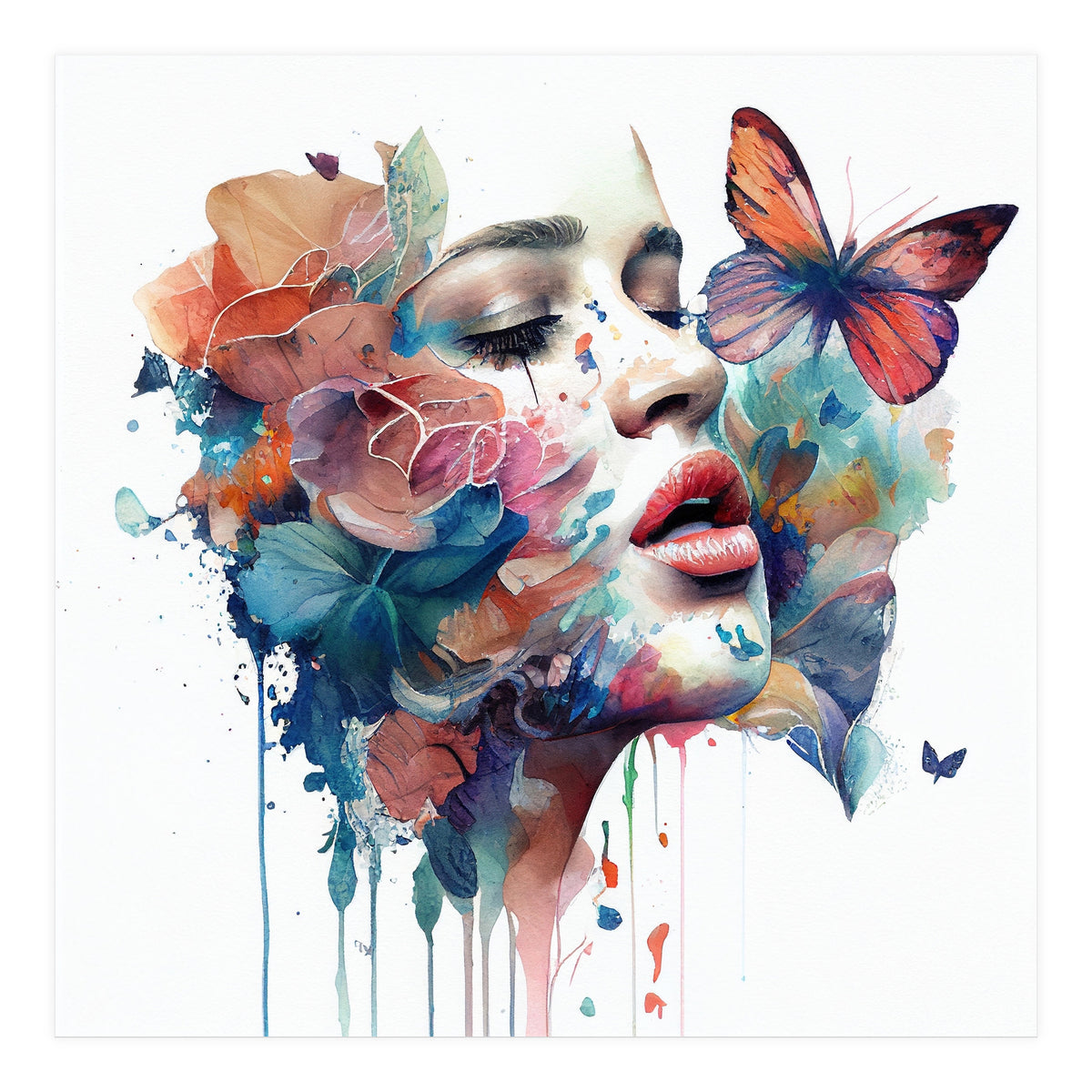 Watercolor Floral Woman Face #1 (Print Only)