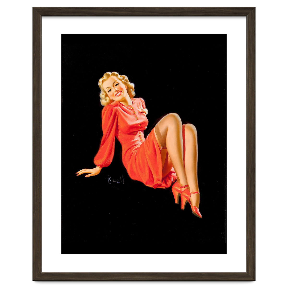 Smiling Pinup Woman Posing In Red Dress