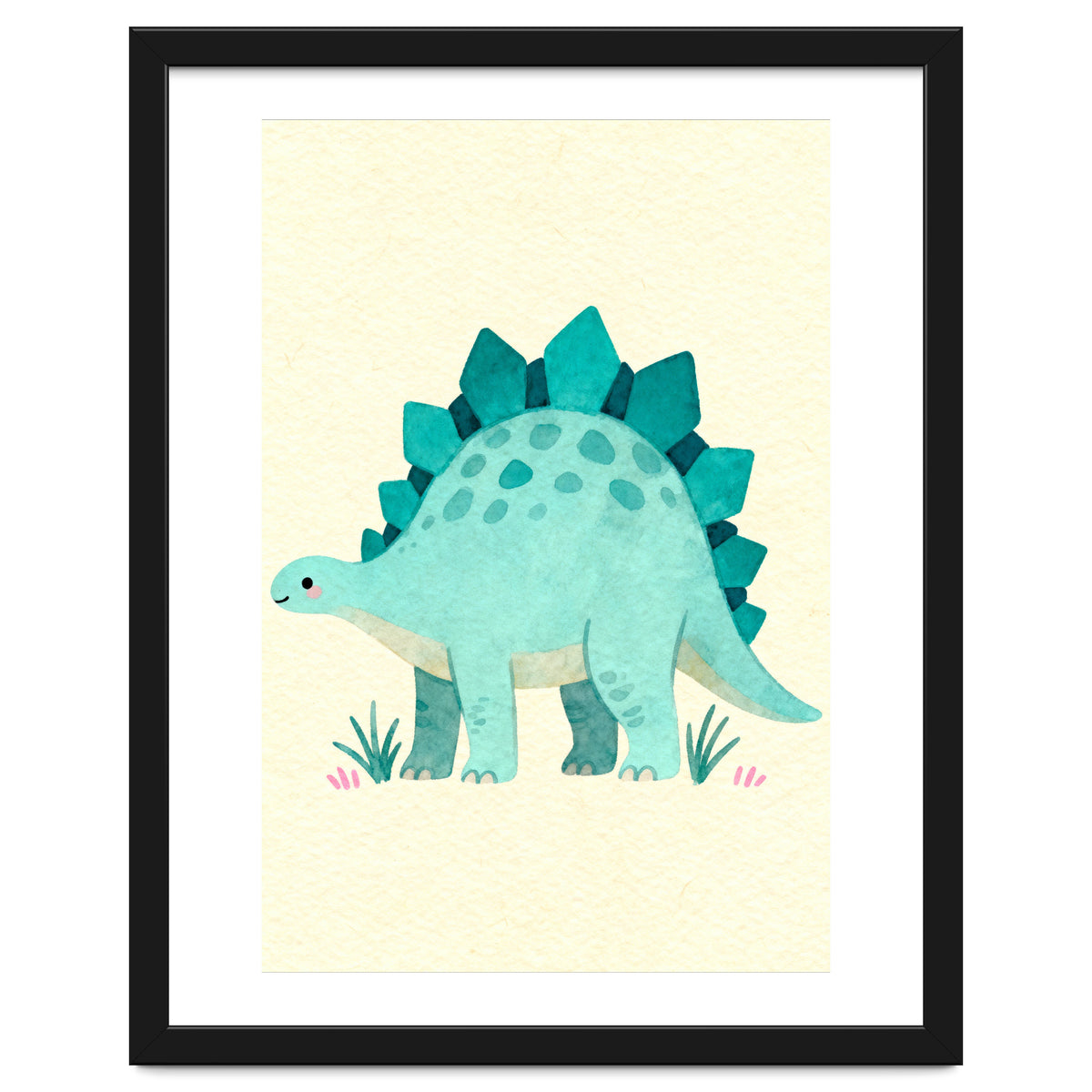 Teal Stegosaurus Watercolor Art, Cute Dinosaur Nursery Print, Whimsical Dino Illustration