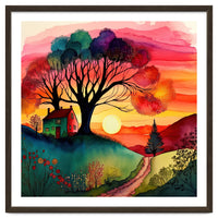 Watercolor Folk Art Sunset