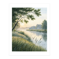 Serene River Sunrise Watercolor Painting with Meadow Grasses and Warm Golden Atmosphere Landscape (Print Only)