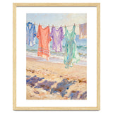 Laundry Drying by the Sea, Colorful Clothes on a Beach Clothesline, Coastal Summer Pastel Painting, Relaxing Ocean Shore Art Print thumbnail