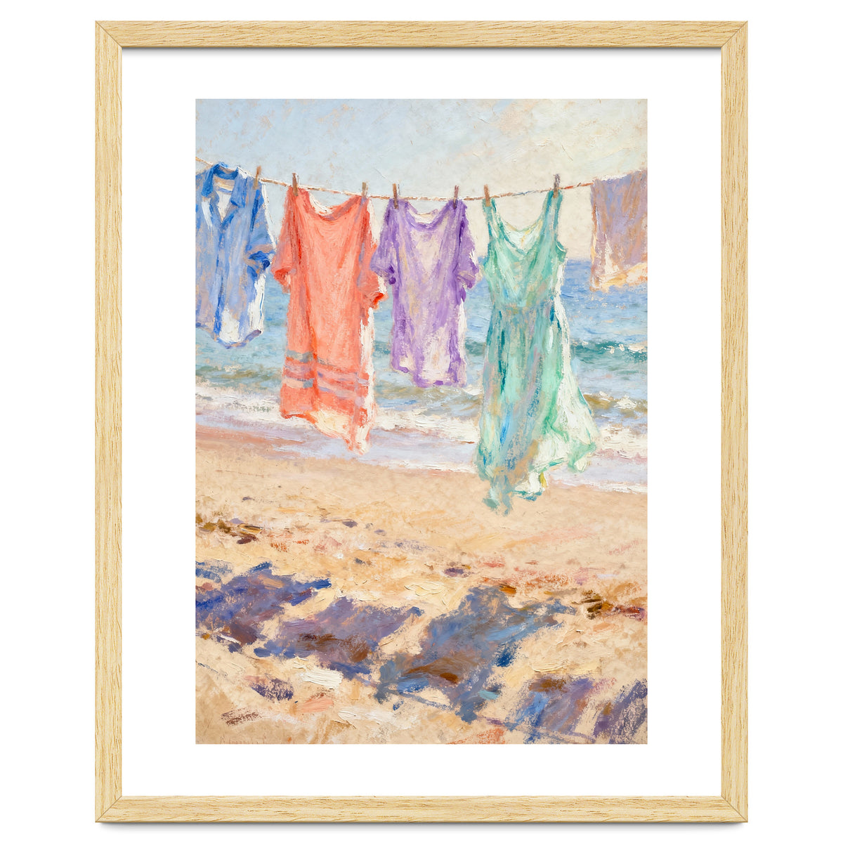 Laundry Drying by the Sea, Colorful Clothes on a Beach Clothesline, Coastal Summer Pastel Painting, Relaxing Ocean Shore Art Print