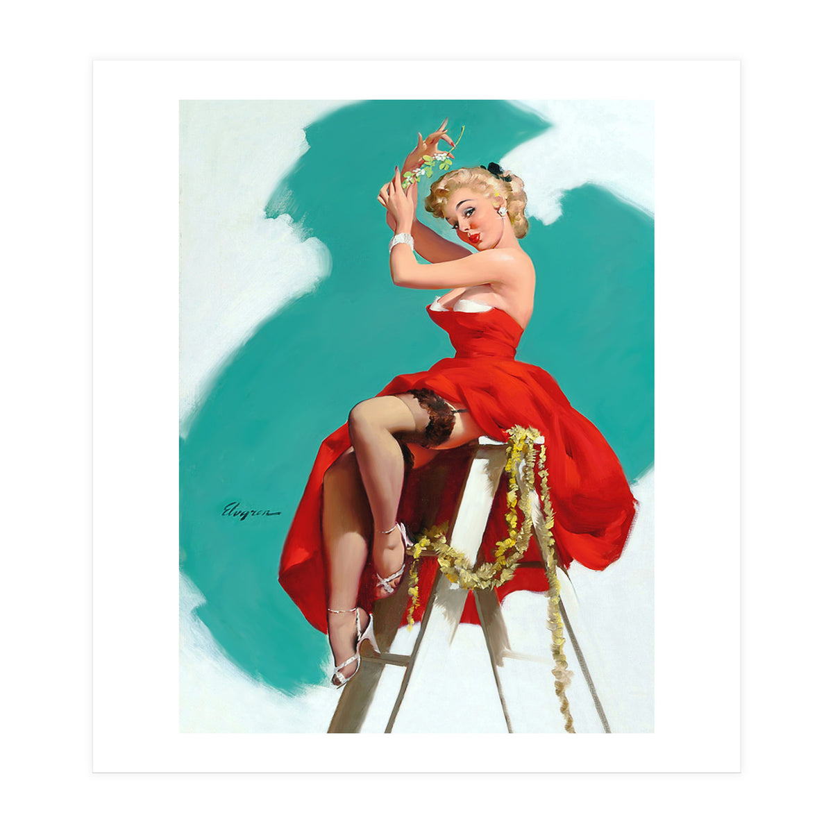 Sexy Pinup Girl In Red Dress Posing On a Ladder (Print Only)