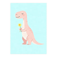 T-Rex Tyrannosaurus Dinosaur Art, Whimsical Dino with Flower, Gentle Nursery Print (Print Only)