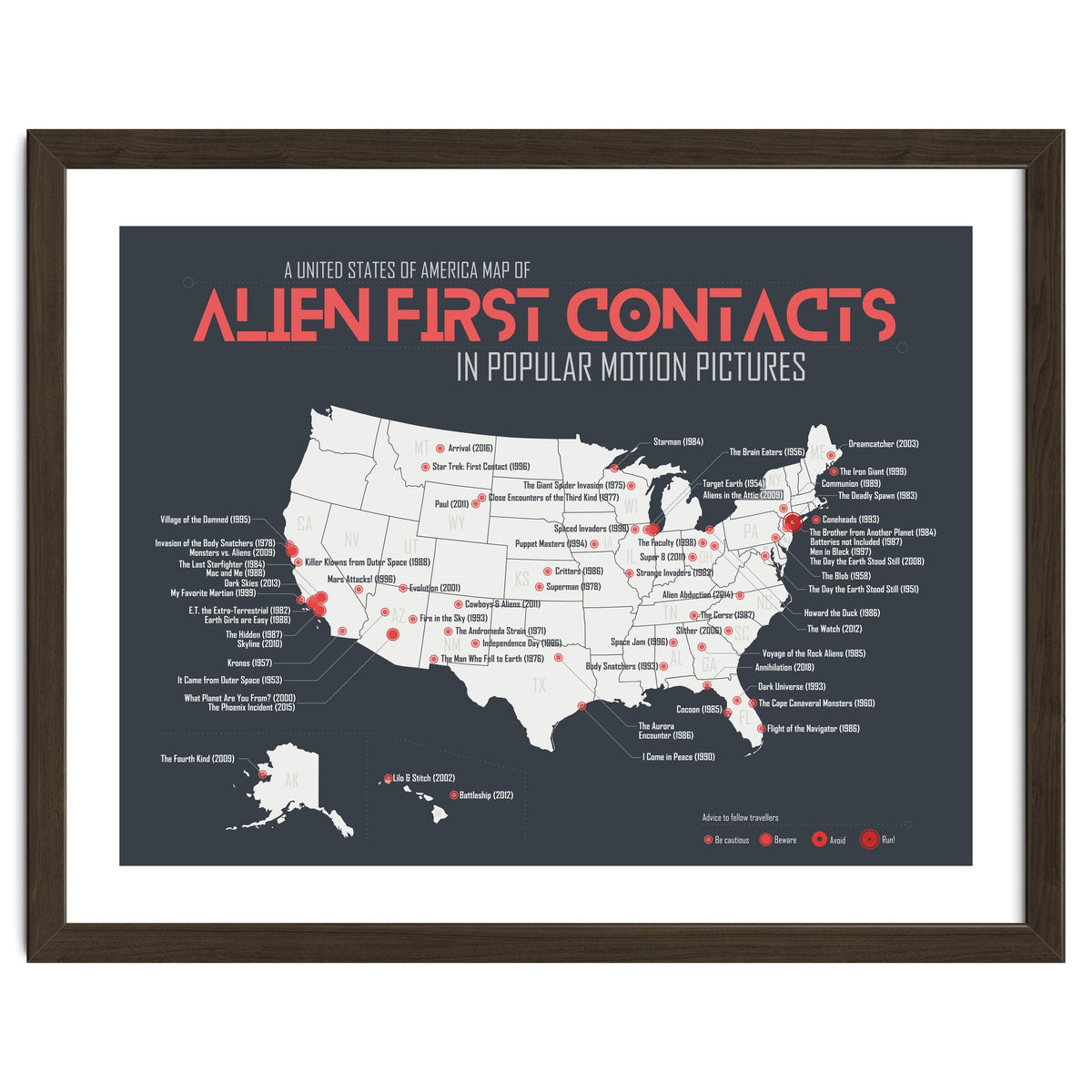 USA Map of Alien First Contacts in Movies