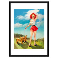Pinup Girl In Little Red Dress And Two Dogs
