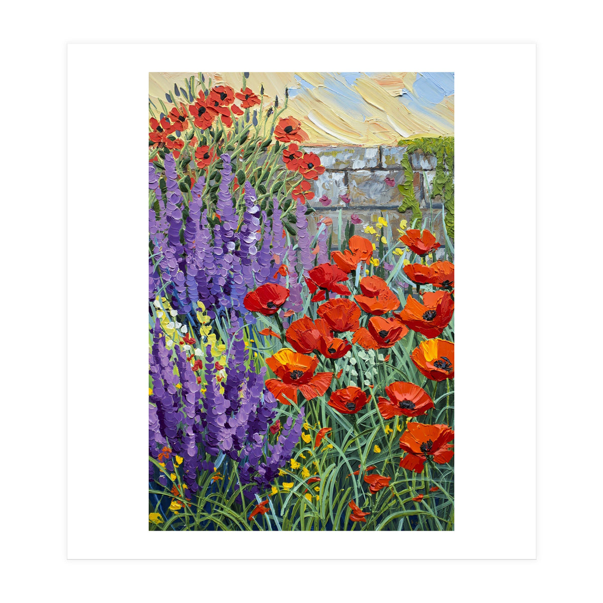 Vibrant Summer Poppy and Lavender Garden Oil Painting (Print Only)