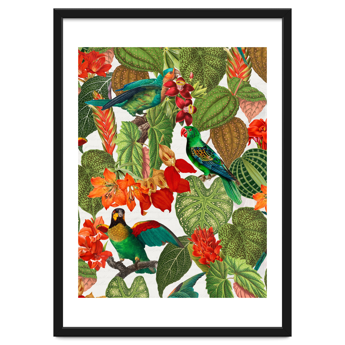 Tropical Parrots In Flower Jungle