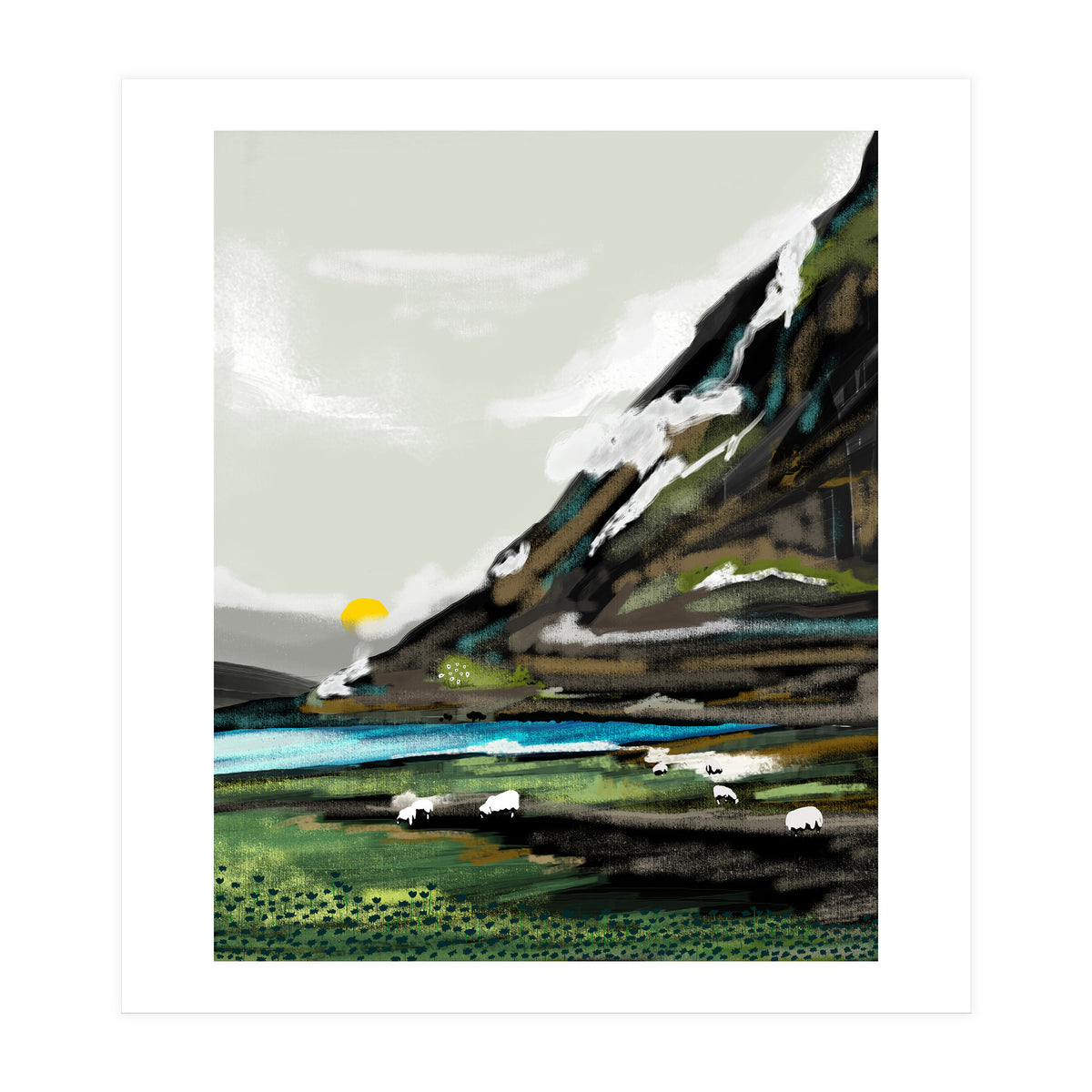 Graze, Cattle Nature Landscape Painting, Mountains Wild Adventure Cows, Animals Grassland Bohemian (Print Only)