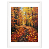 Sun-Drenched Golden Forest Path with Vibrant Autumn Foliage