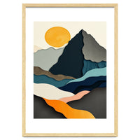 Minimalist Layered Mountain Landscape with Golden Sun