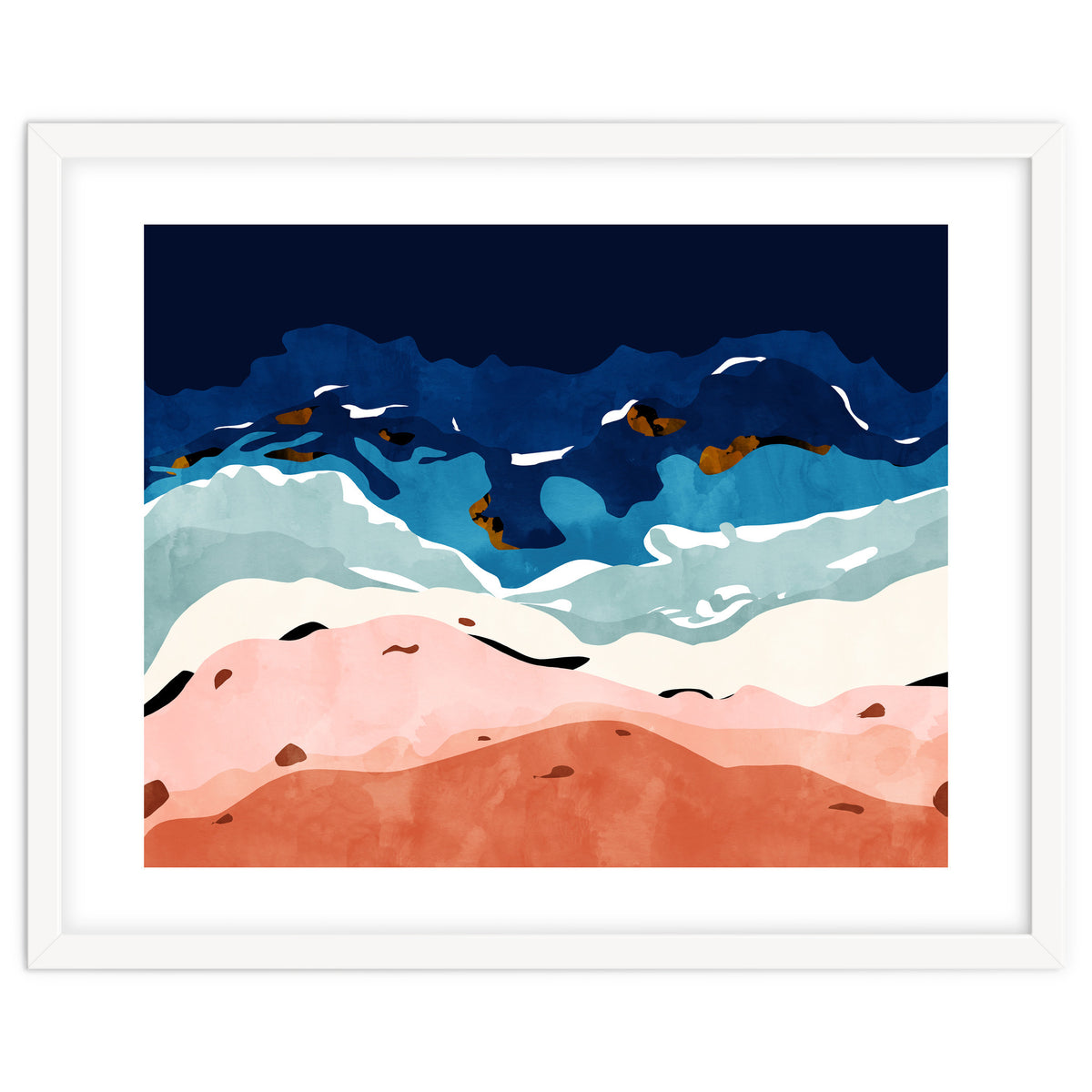 Ocean Heart, Abstract Sea Waves, Tropical Travel Watercolor Painting, Eclectic Bohemian Beach Nature