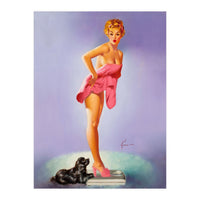 Pinup Girl On A Scale With Her Little Black Dog Behind (Print Only)