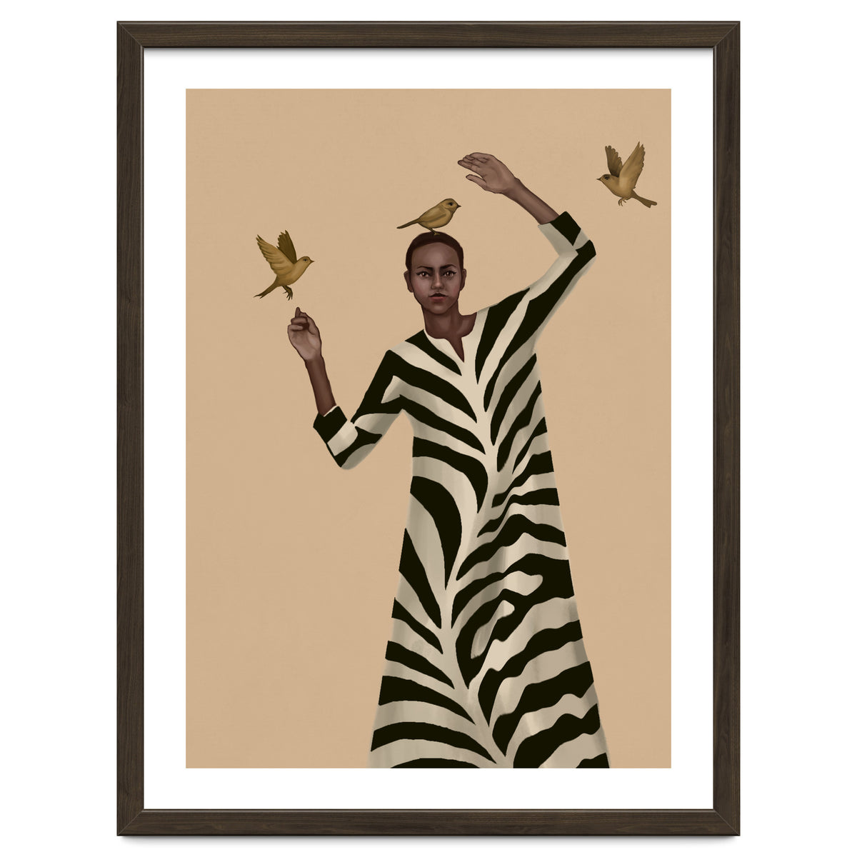 Woman With Birds And Zebra Pattern Dress
