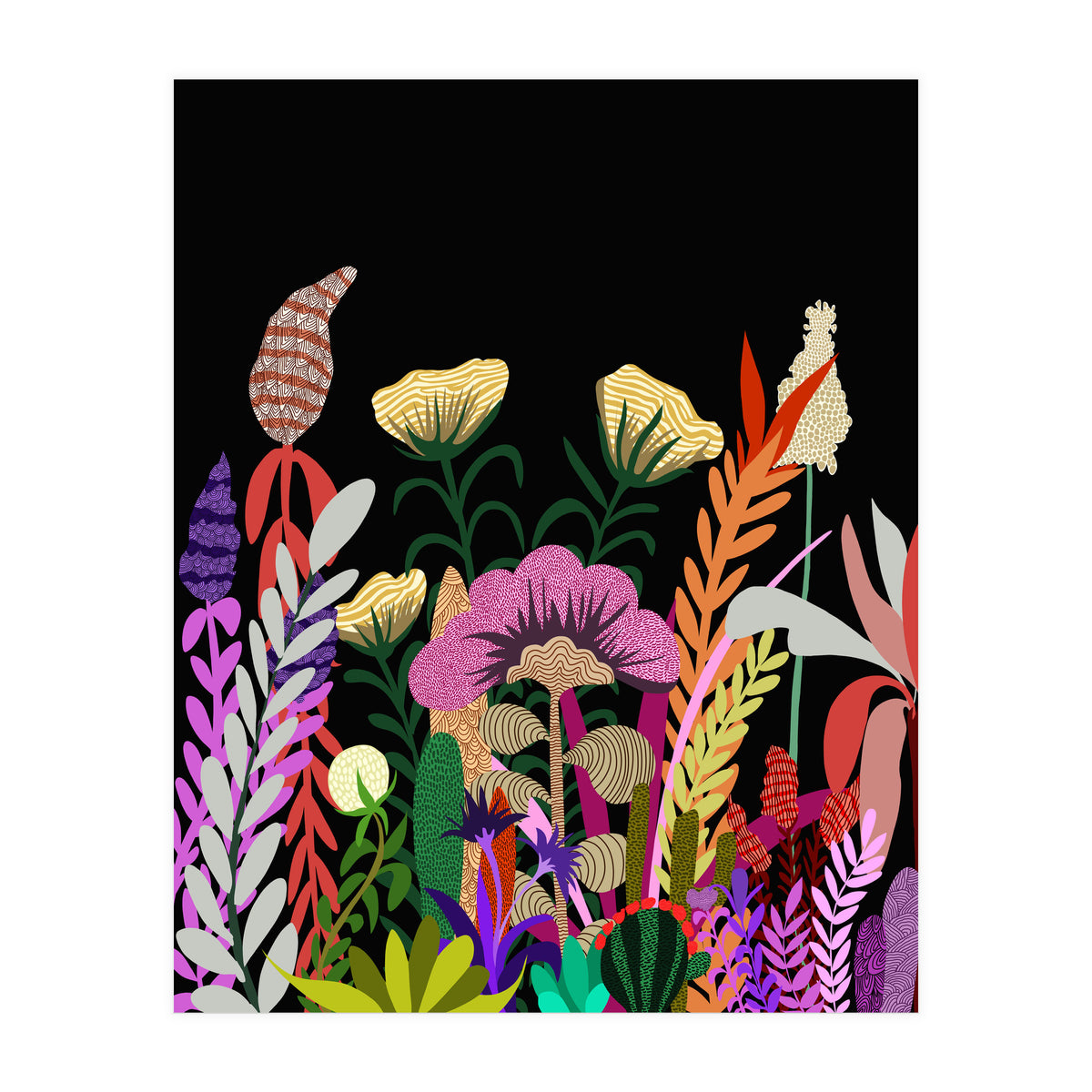 Dark Garden, Eclectic Bold Floral Botanical Nature, Colorful Mystery Bohemian Flowers Plants (Print Only)