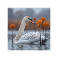 White Swan Swimming In A Lake With Reeds (Print Only)