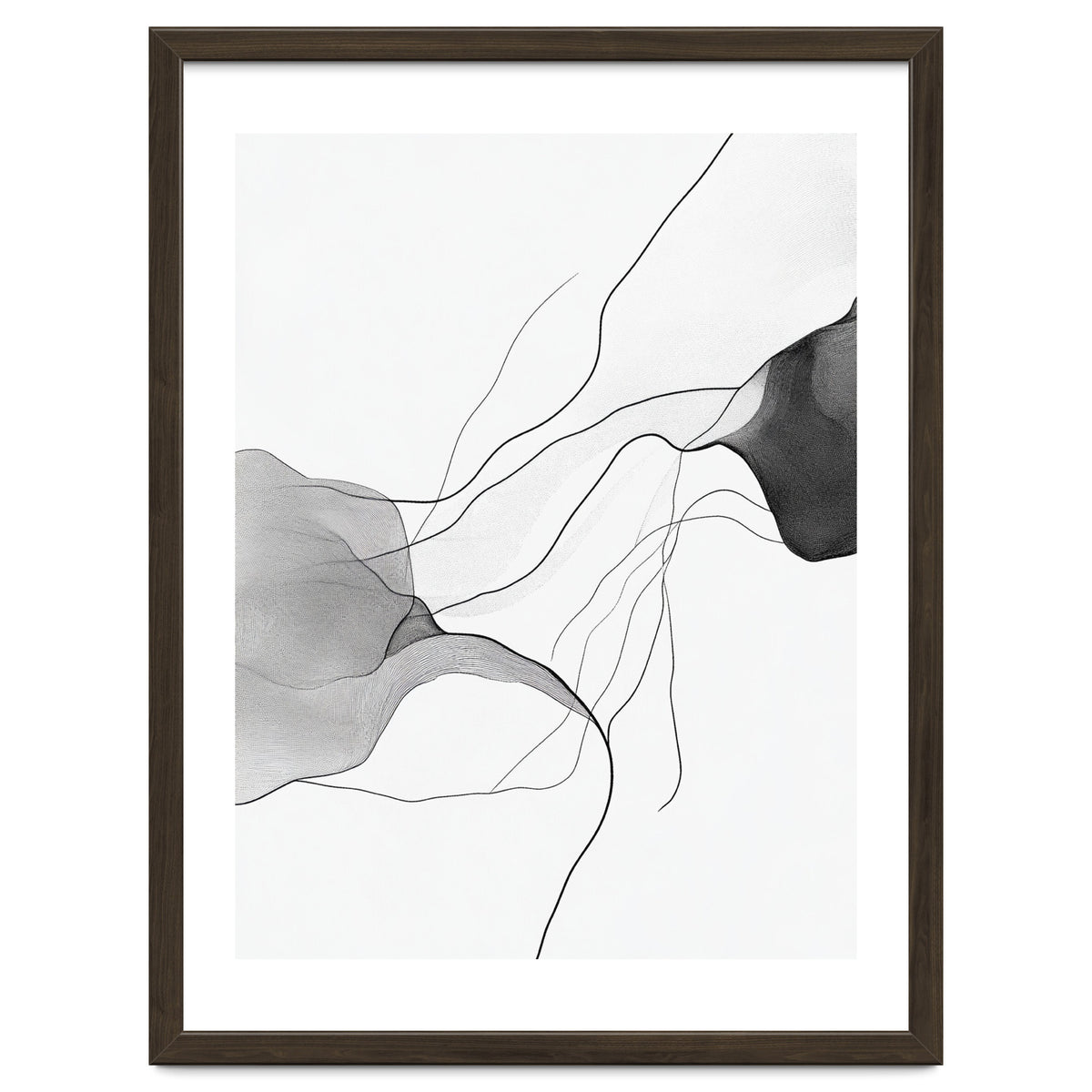 Abstract Black And White Flowing Lines And Shapes On White Background