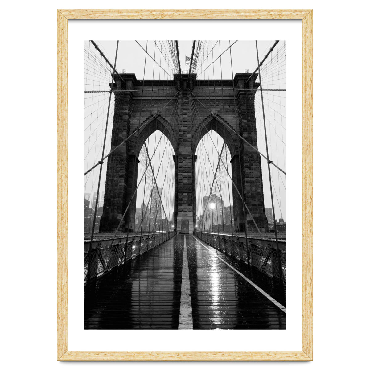 Brooklyn Bridge Black and White, Moody NYC Architecture, Rainy Urban Photography
