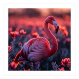 Pink Flamingo Bird Standing Among Flowers At Sunset (Print Only) thumbnail
