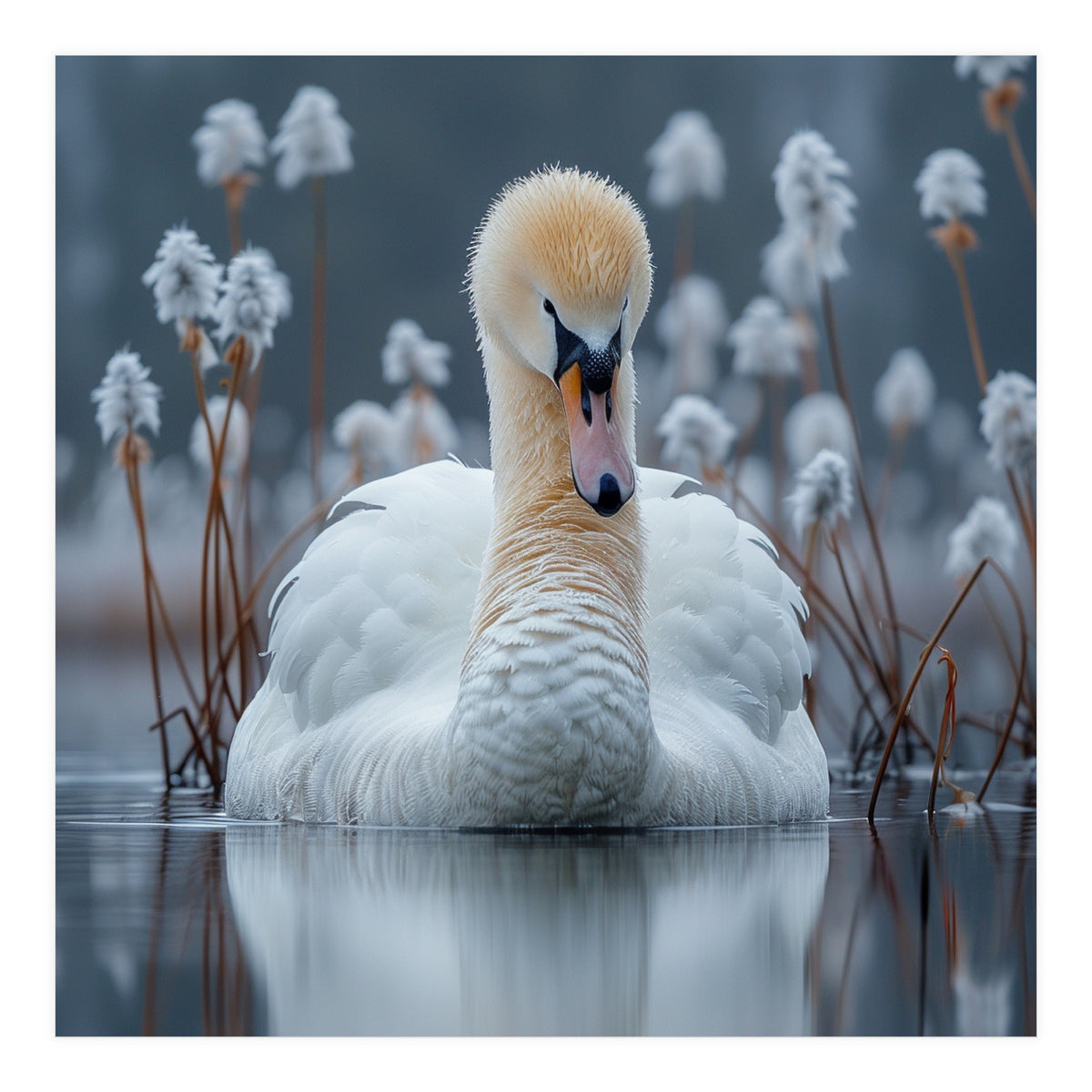 Swan Floating Serene On Calm Water (Print Only)