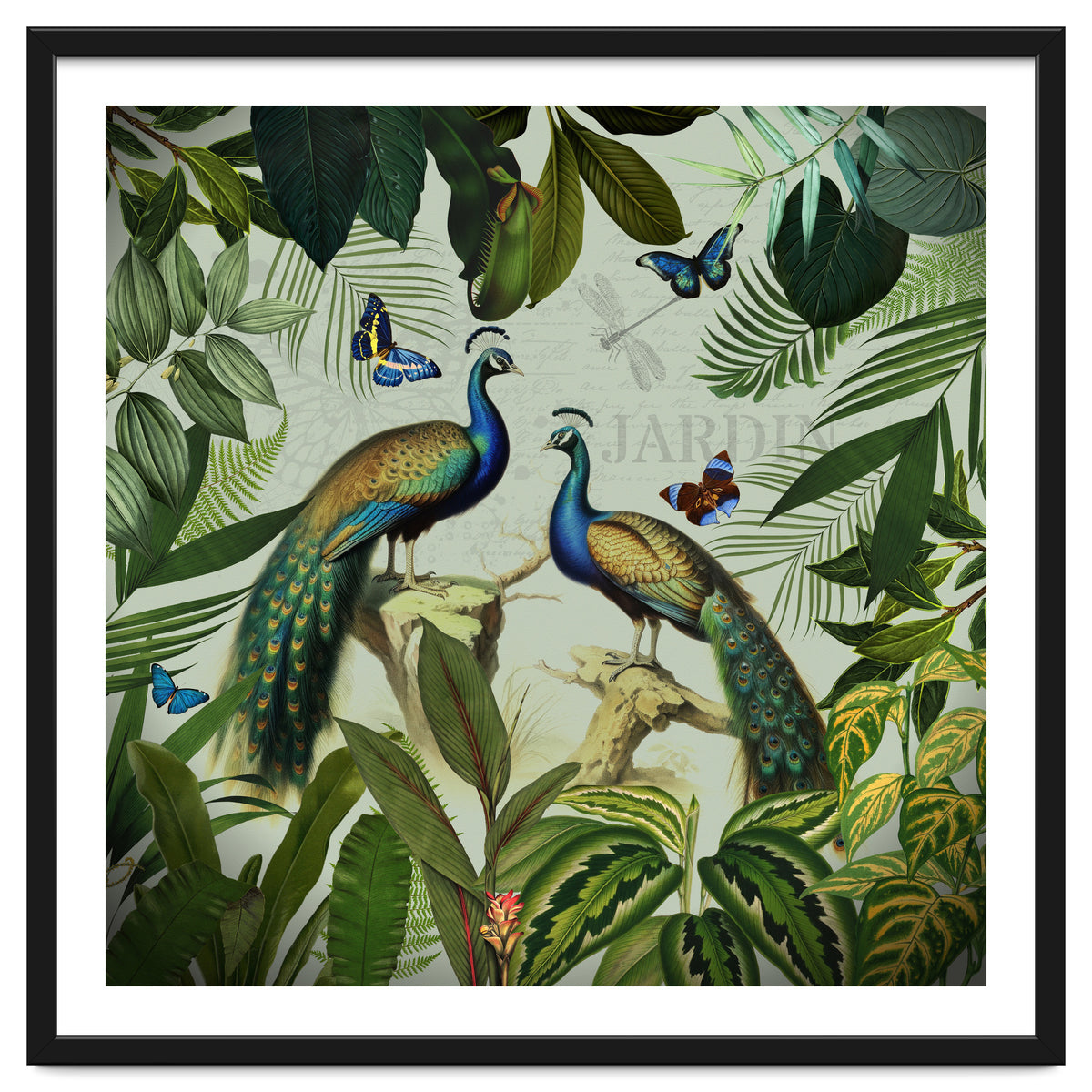Vintage Exotic Asian Peacocks In Tropical Jungle Landscape