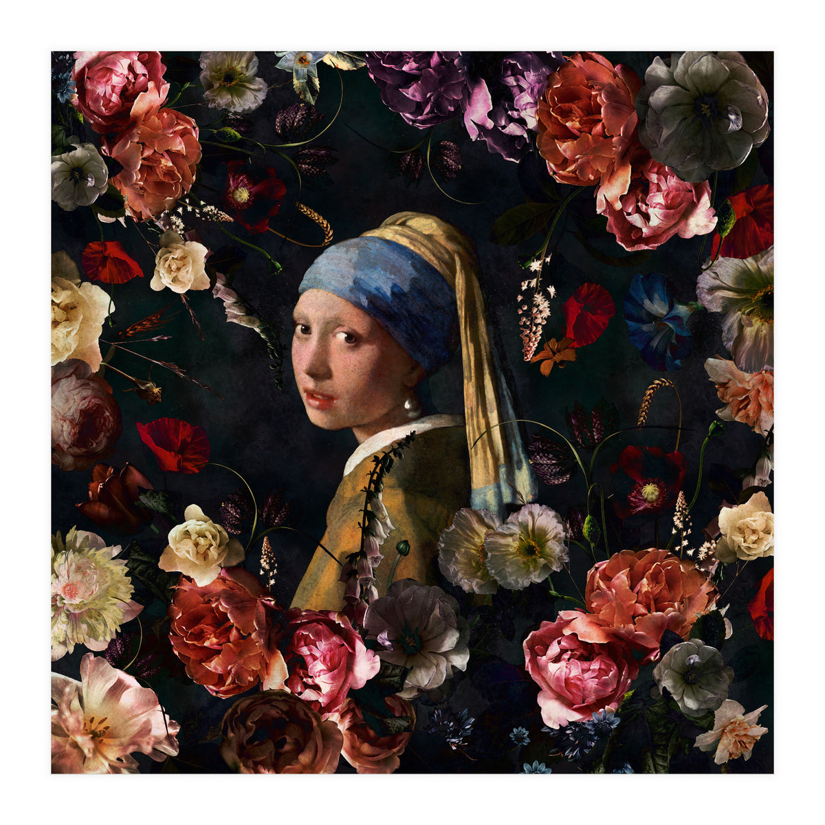 Girl With Pearl Earring And Flowers (Print Only)