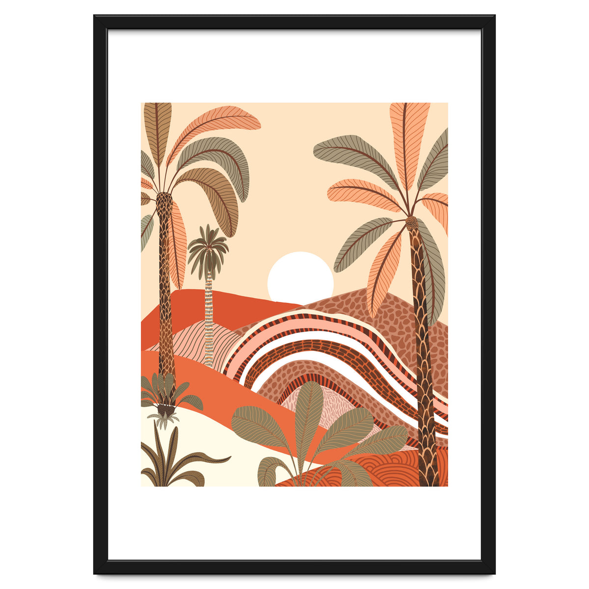 Epiphany, Pastel Rustic Sunrise Sunset, Bohemian Nature Landscape Illustration, Mountains Adventure Palm Trees